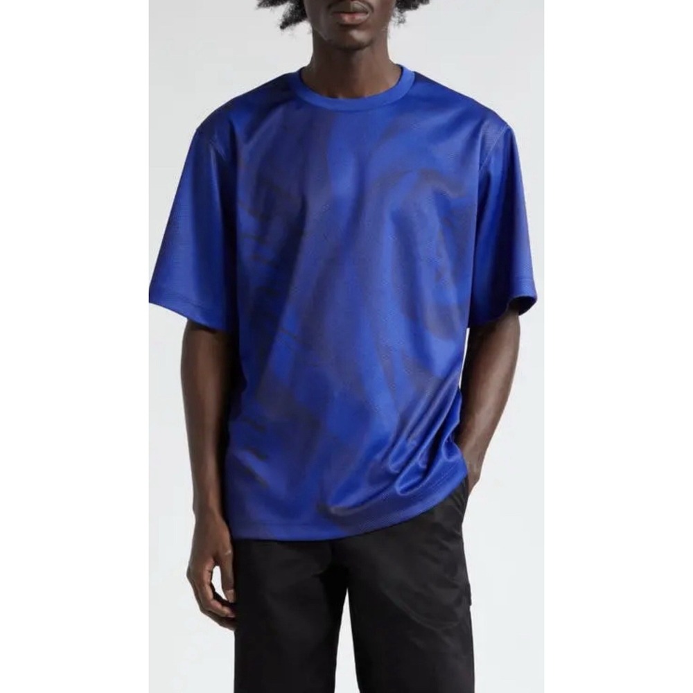 BURBERRY Men Size Large Logo Letter Rose Print Stretch Jersey T-Shirt Blue